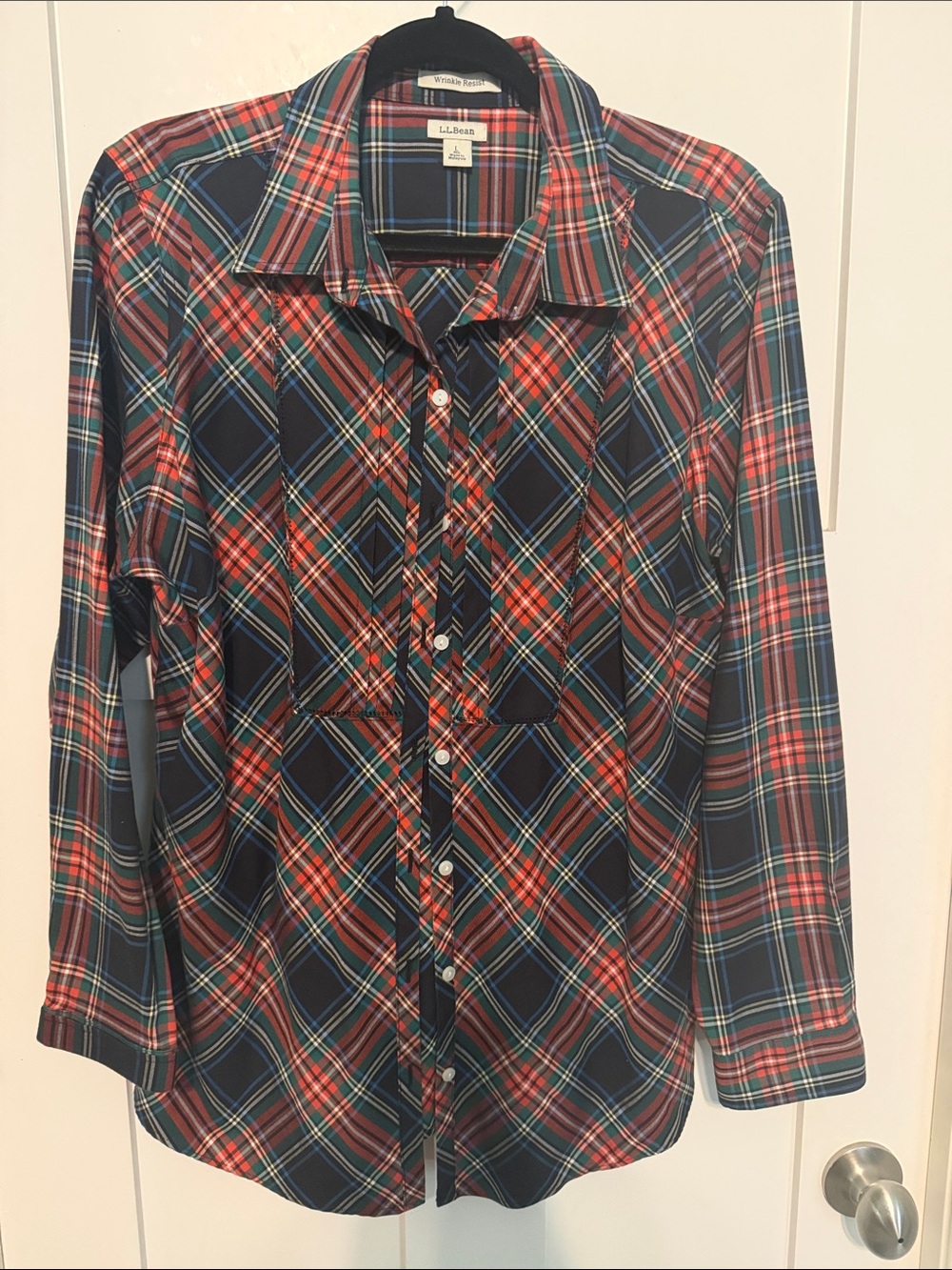 L.L. Bean Black Red, and Green Plaid Button-Front Cotton and Wool Blend Shirt
